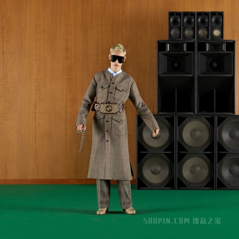 Gucci标签格纹长裤 黑色和灰色