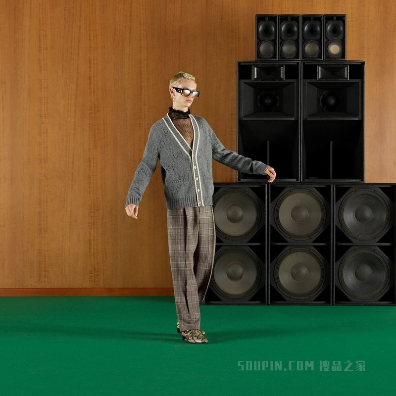 Gucci标签格纹长裤 黑色和灰色