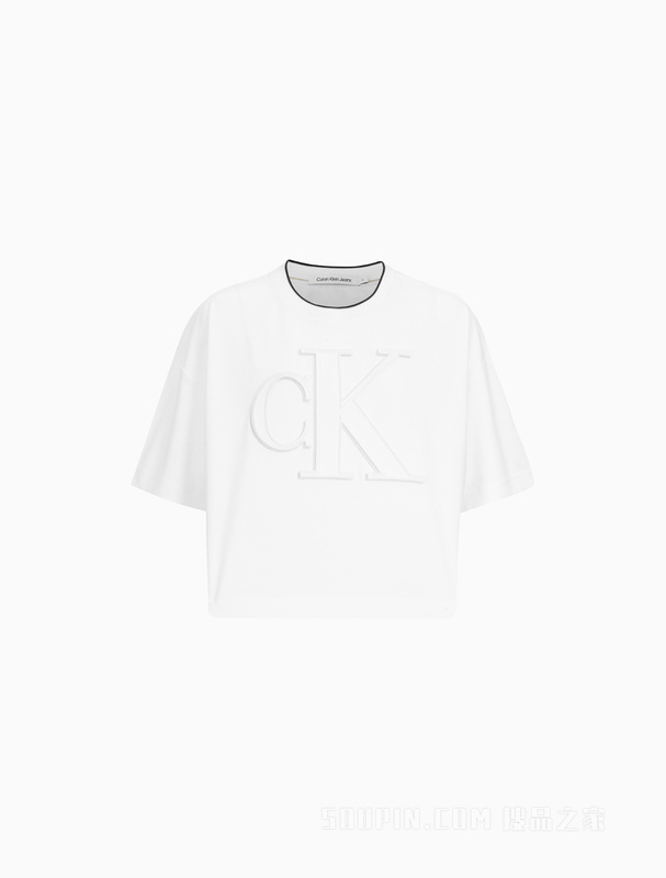 Calvin Klein 22秋冬新款女士时尚镶边圆领短款刺绣纯棉短袖T恤J219960