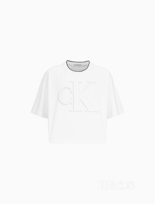 Calvin Klein 22秋冬新款女士时尚镶边圆领短款刺绣纯棉短袖T恤J219960