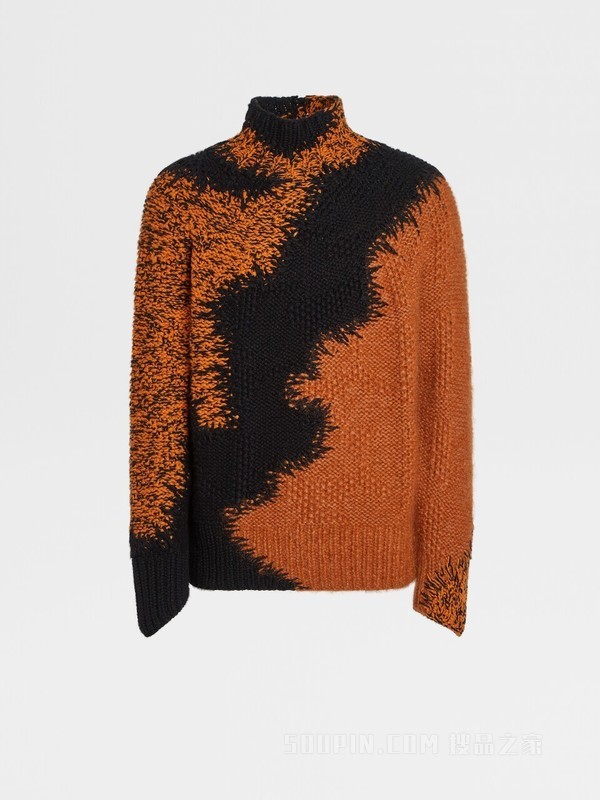 骆马红棕色配黑色山羊绒高领毛衣