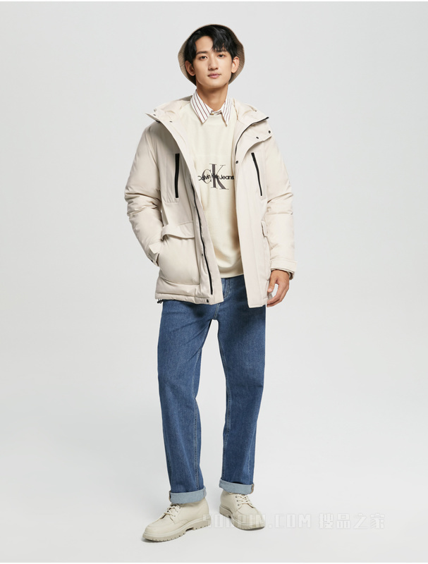 Calvin Klein 22秋冬男士休闲抽绳连帽LOGO贴片鸭绒保暖羽绒服J323236