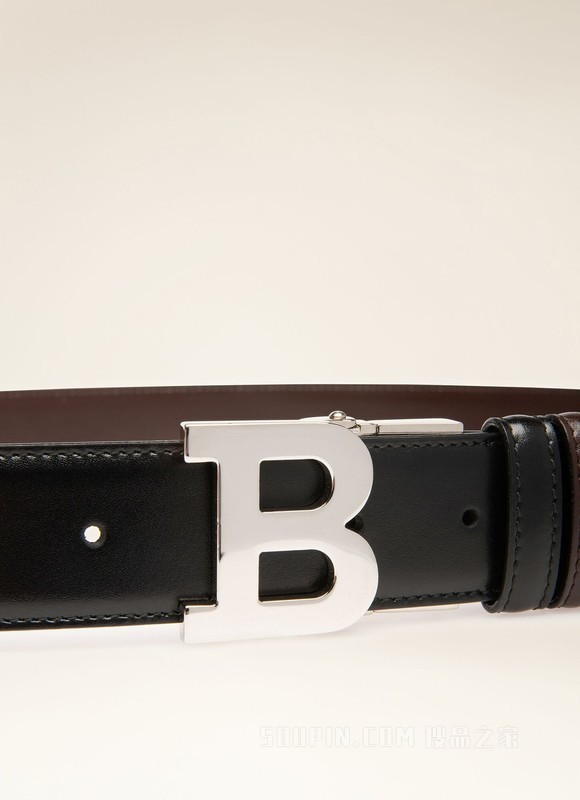B Buckle 35 毫米黑色拼棕色皮革腰带