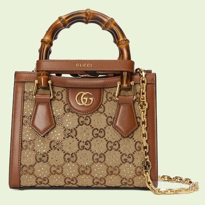 Gucci Diana竹节迷你托特包 驼色和乌木色帆布