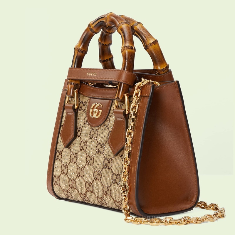Gucci Diana竹节迷你托特包 驼色和乌木色帆布
