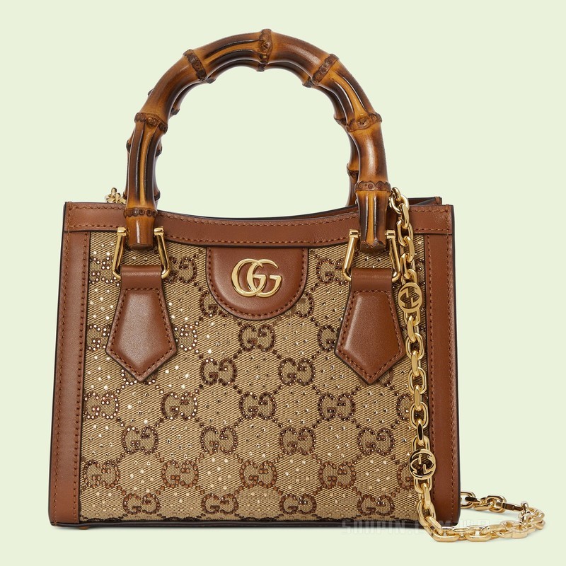 Gucci Diana竹节迷你托特包 驼色和乌木色帆布