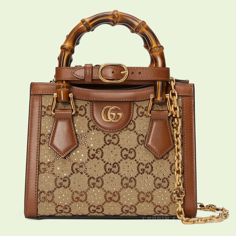 Gucci Diana竹节迷你托特包 驼色和乌木色帆布