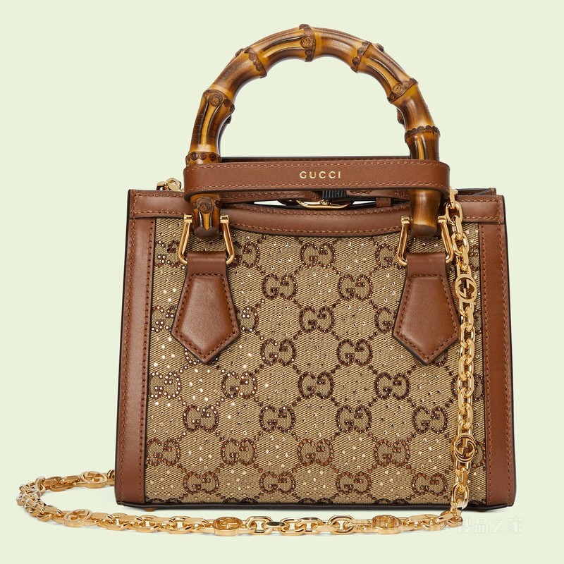 Gucci Diana竹节迷你托特包 驼色和乌木色帆布