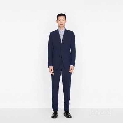 经典半里料西装 蓝色棉质混纺弹性泡泡纱条纹图案