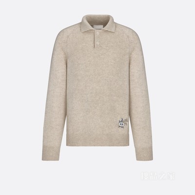 超大版型长袖 Polo 衫 米色山羊绒平纹针织面料