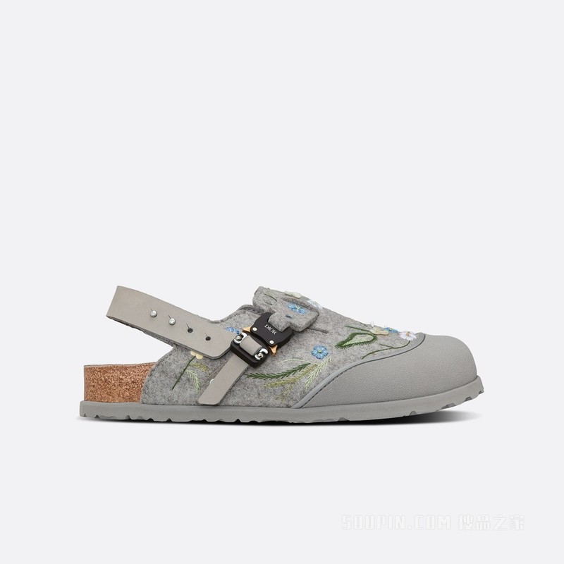 DIOR x BIRKENSTOCK Tokio 穆勒鞋 迪奥灰羊毛毡和磨砂牛皮革花朵刺绣