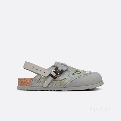 DIOR x BIRKENSTOCK Tokio 穆勒鞋 迪奥灰羊毛毡和磨砂牛皮革花朵刺绣