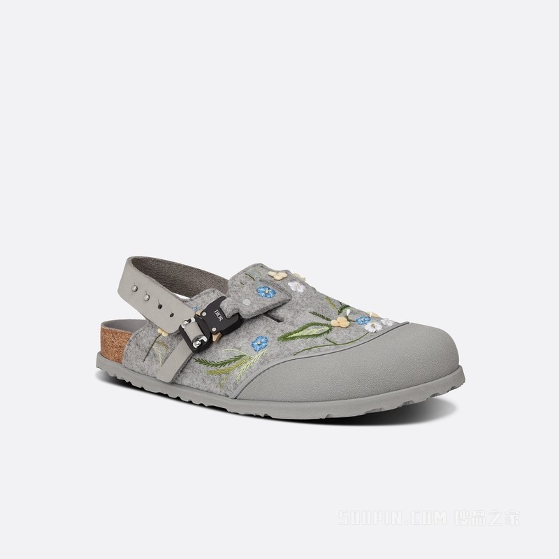 DIOR x BIRKENSTOCK Tokio 穆勒鞋 迪奥灰羊毛毡和磨砂牛皮革花朵刺绣