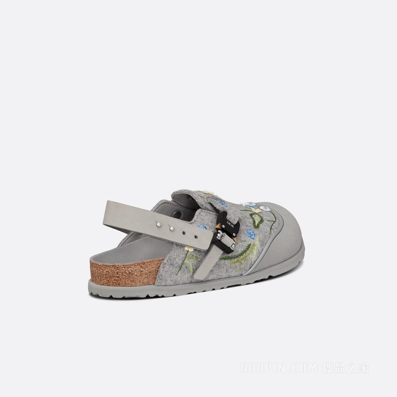 DIOR x BIRKENSTOCK Tokio 穆勒鞋 迪奥灰羊毛毡和磨砂牛皮革花朵刺绣