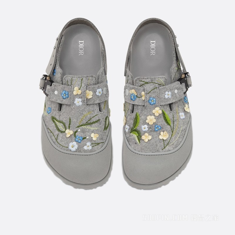 DIOR x BIRKENSTOCK Tokio 穆勒鞋 迪奥灰羊毛毡和磨砂牛皮革花朵刺绣