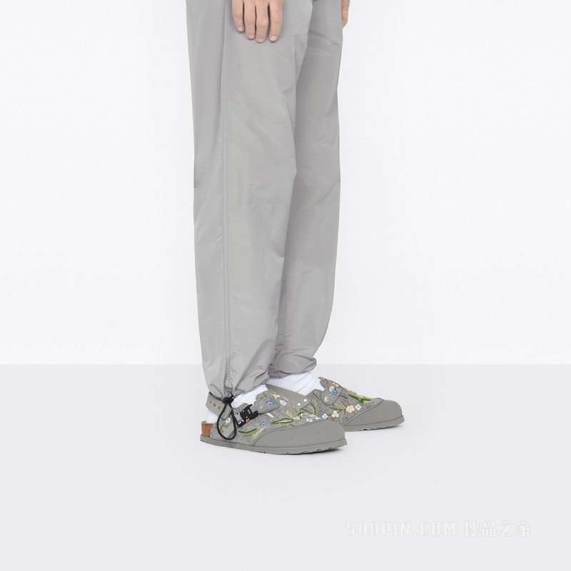 DIOR x BIRKENSTOCK Tokio 穆勒鞋 迪奥灰羊毛毡和磨砂牛皮革花朵刺绣