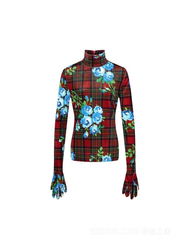 22新款秋女装印花绒面连手套高领长袖上衣36978