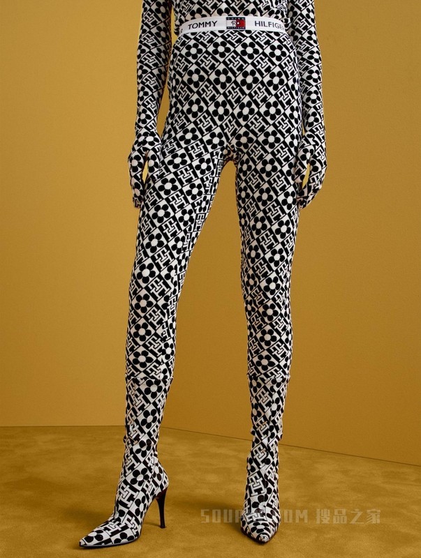 22新款秋女装绒面印花松紧腰打底针织长裤36973