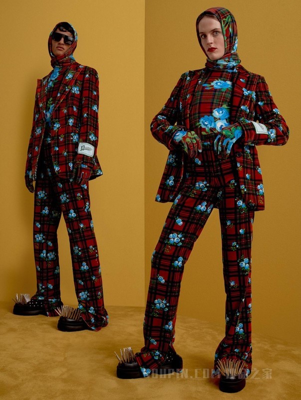 22新款秋男女格纹玫瑰印花开衩休闲长裤36972