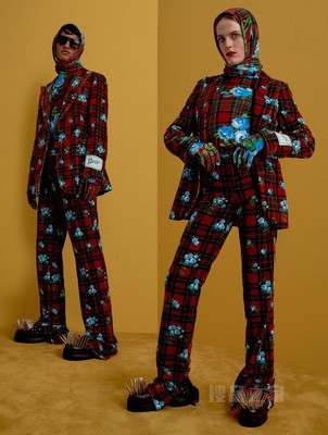 22新款秋男女格纹玫瑰印花开衩休闲长裤36972