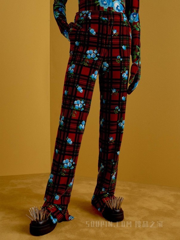 22新款秋男女格纹玫瑰印花开衩休闲长裤36972