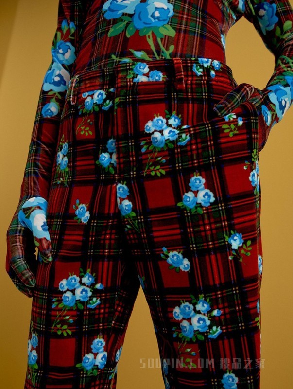 22新款秋男女格纹玫瑰印花开衩休闲长裤36972