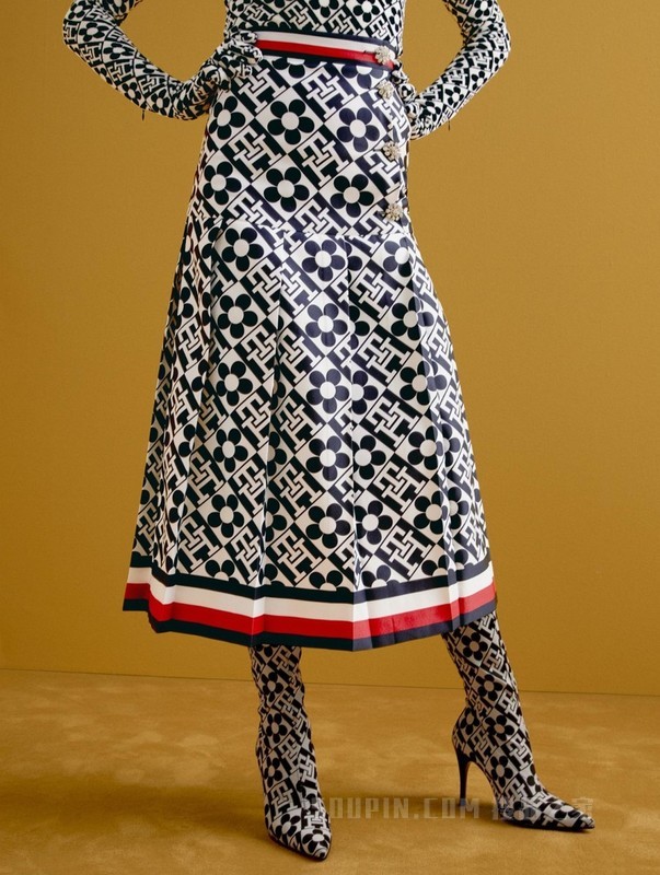 22新款秋女装高腰钻扣满印半身百褶裙36979