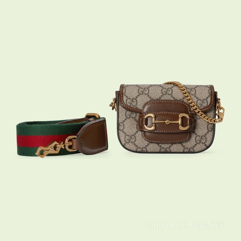 Gucci Horsebit 1955系列肩带钱包 米色和乌木色Supreme帆布