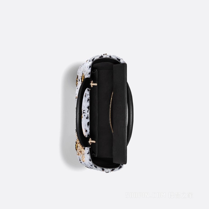 中号 Lady Dior 手袋 黑色牛皮革薄纱和多色珠饰刺绣