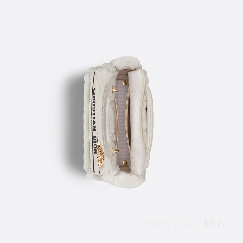 中号 Lady D-Lite 手袋 奶白色皮毛一体藤格纹