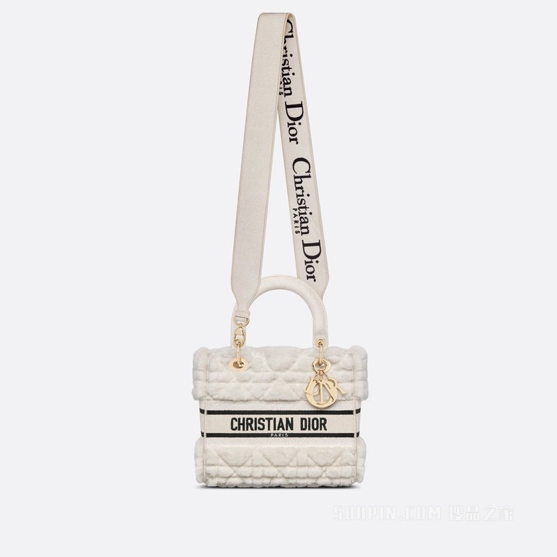 中号 Lady D-Lite 手袋 奶白色皮毛一体藤格纹