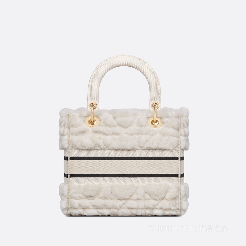 中号 Lady D-Lite 手袋 奶白色皮毛一体藤格纹