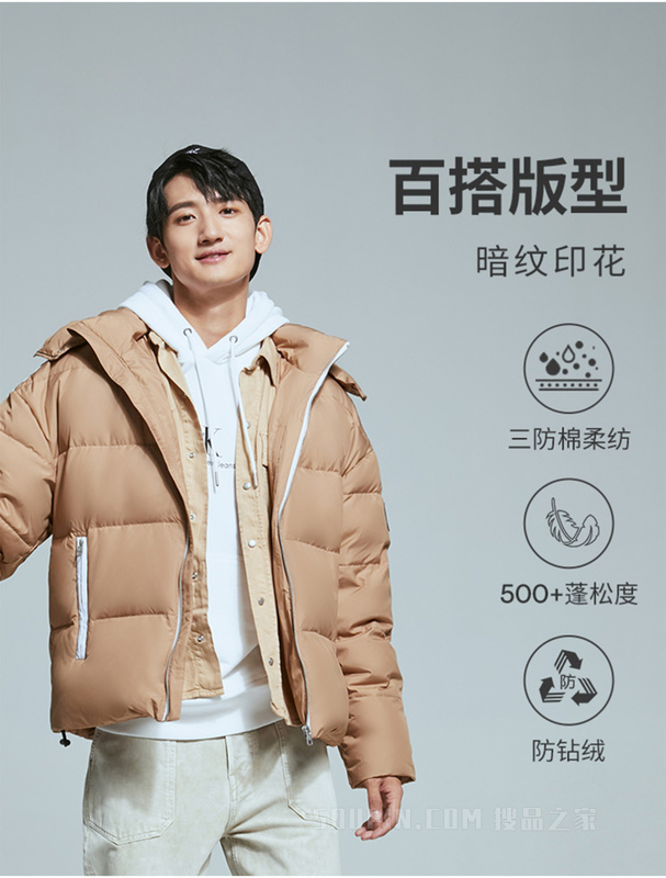 Calvin Klein 22秋冬新款男士简约LOGO织带三防连帽保暖羽绒服J323735