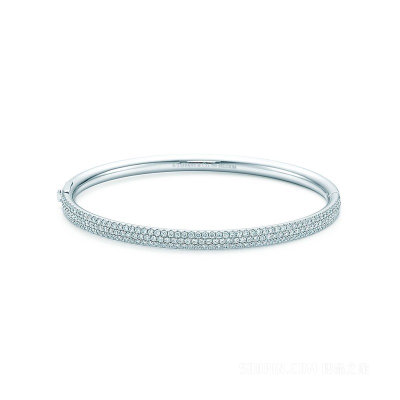 Tiffany Metro 系列 18K 白金镶钻三行铰链手镯，大号。
