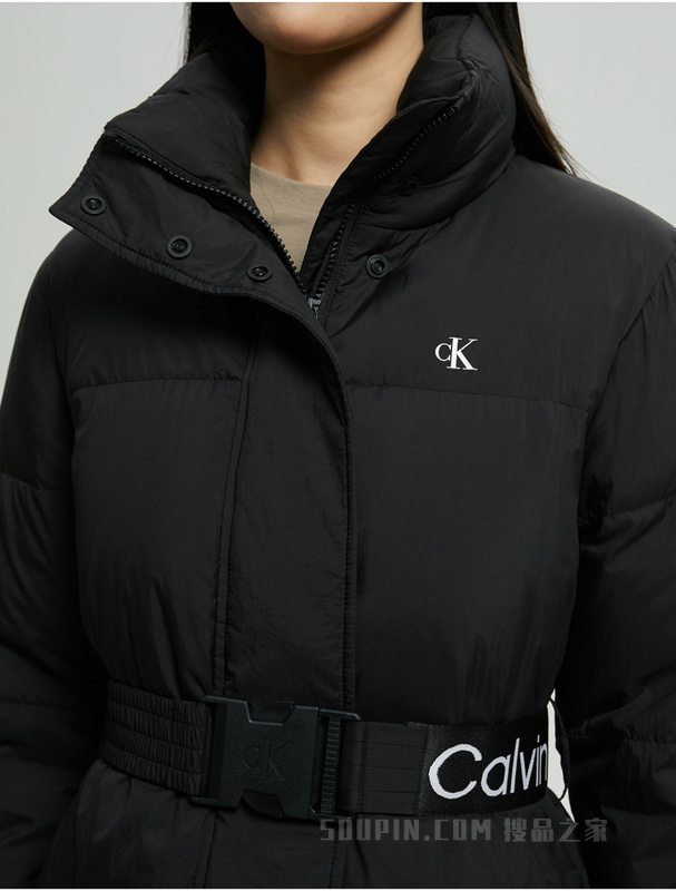 Calvin Klein 22秋冬女士时尚立领LOGO织带插扣收腰保暖羽绒服J220171