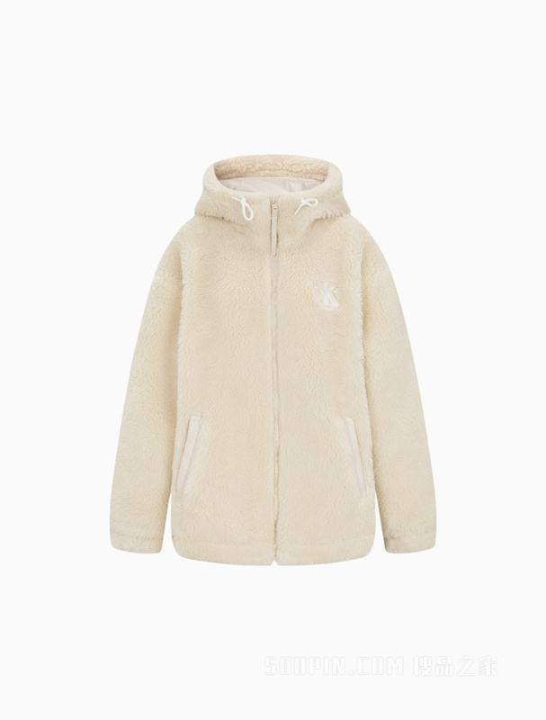 Calvin Klein 22秋冬新款女士简约刺绣抽绳连帽仿羊羔绒外套J220932