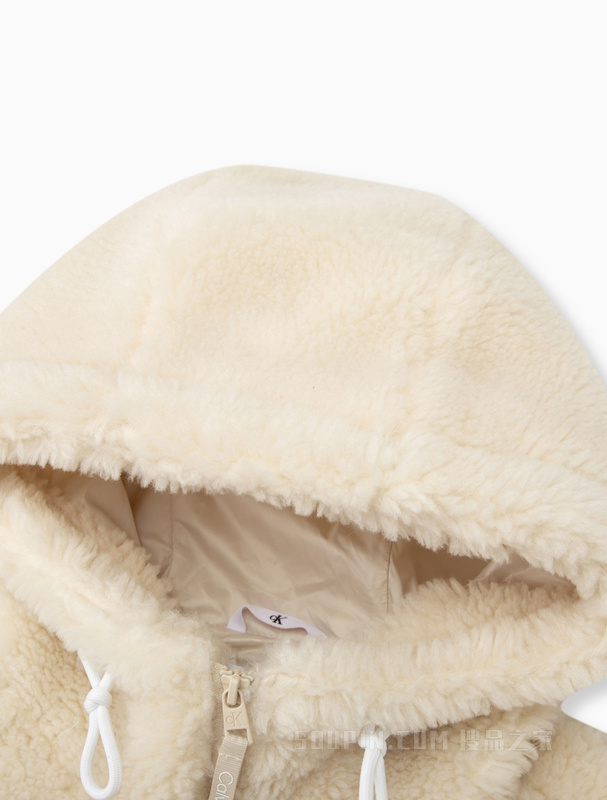 Calvin Klein 22秋冬新款女士简约刺绣抽绳连帽仿羊羔绒外套J220932