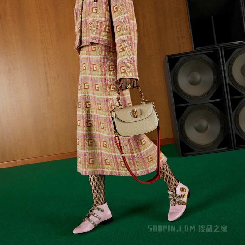Gucci Bamboo 1947系列竹节鸵鸟皮手袋 燕麦色