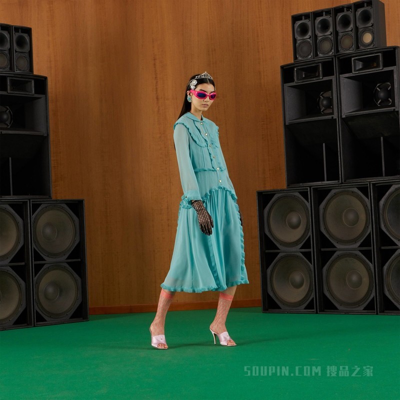 双绉连衣裙 蓝绿色