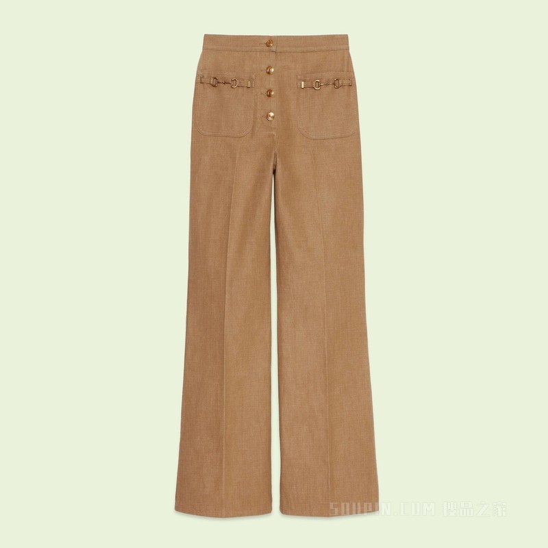 棉质马衔扣长裤 浅棕色