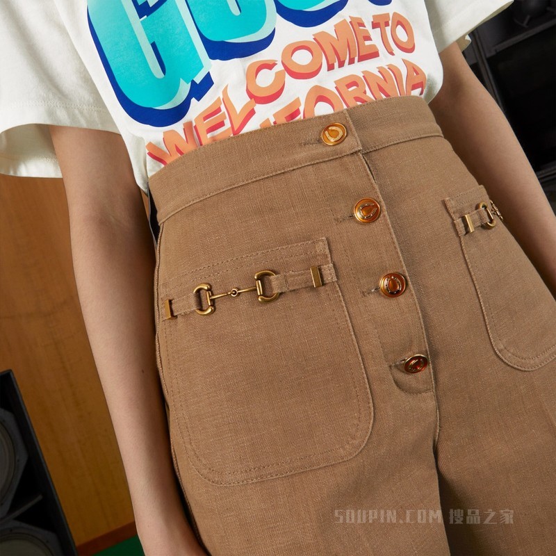 棉质马衔扣长裤 浅棕色