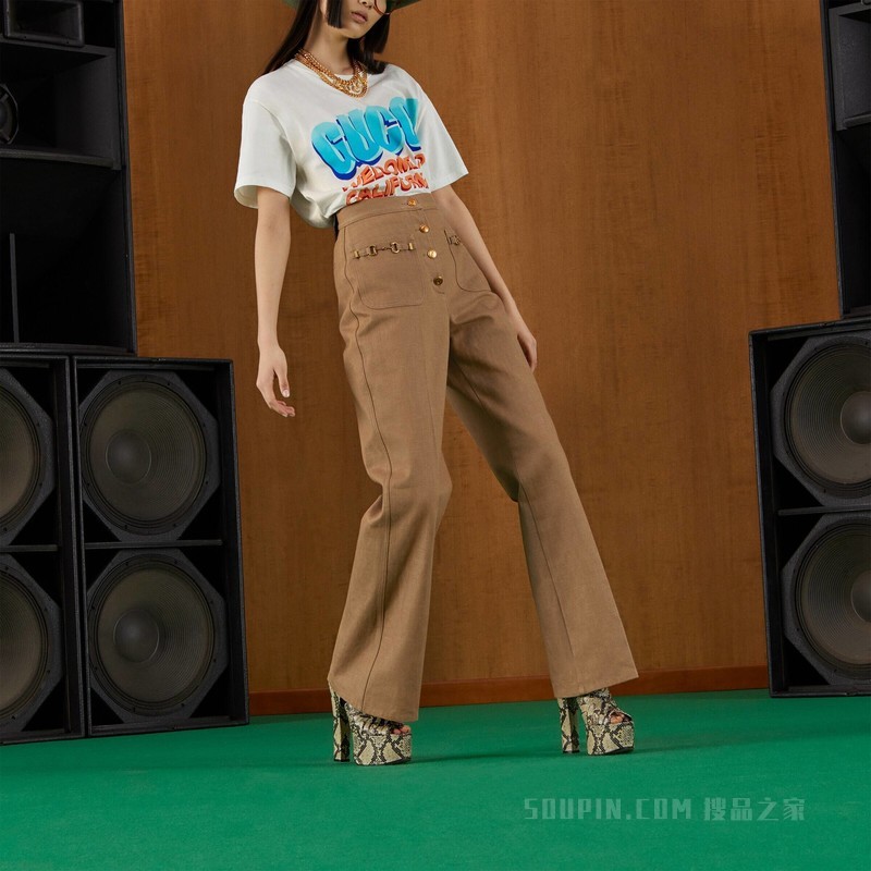 棉质马衔扣长裤 浅棕色