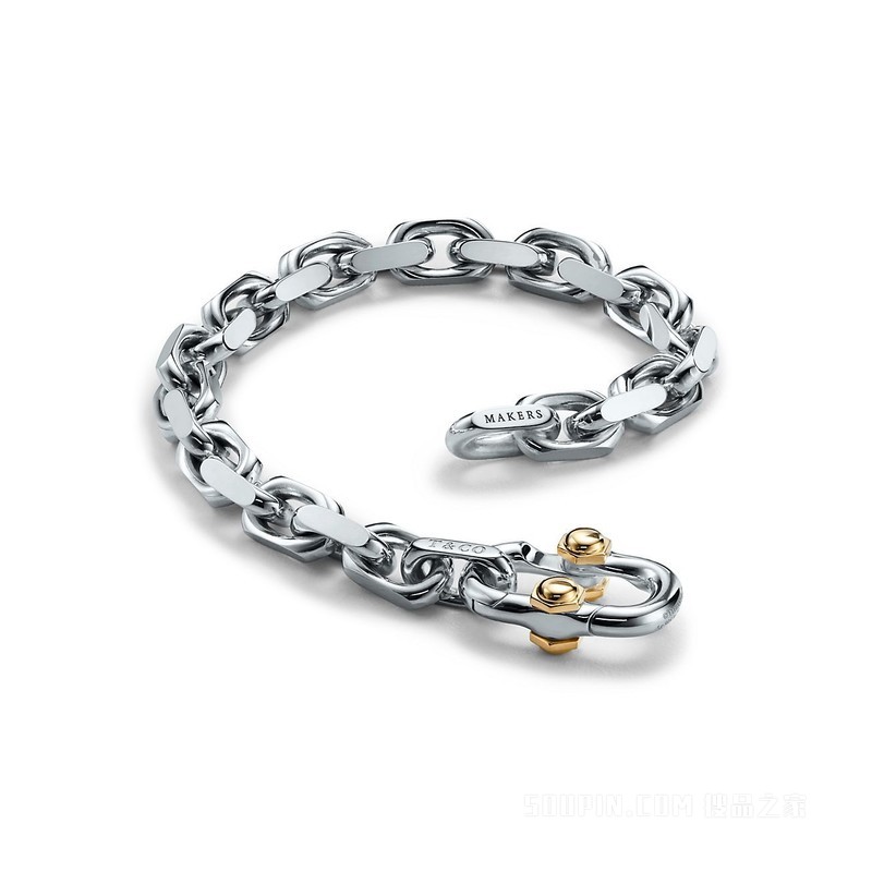 Tiffany 1837® 系列 Makers 纯银和 18K 黄金宽式链结式手链，特大号。