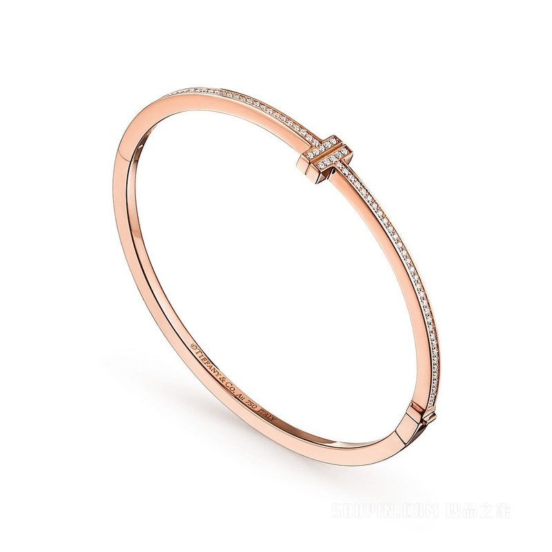 Tiffany T 系列 18K 玫瑰金镶钻铰链线圈手镯，大号。