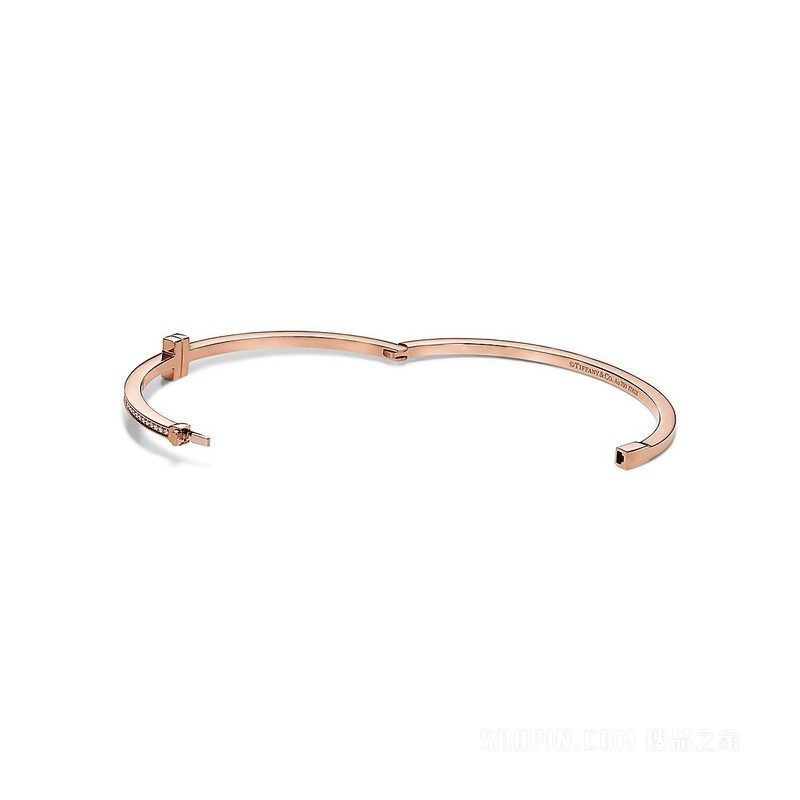 Tiffany T 系列 18K 玫瑰金镶钻铰链线圈手镯，大号。