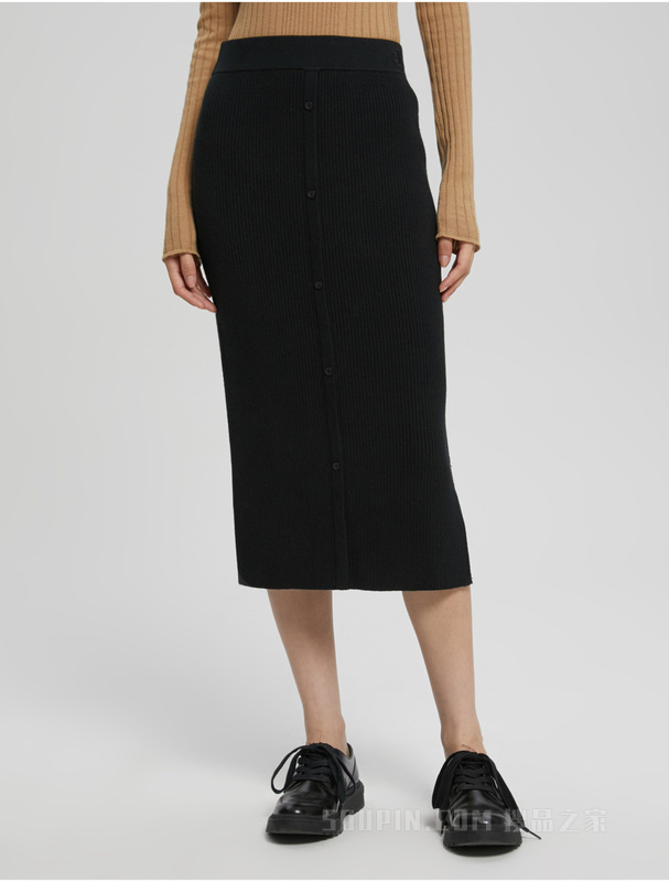 Calvin Klein 22秋冬新款女士时尚简约刺绣开衩针织包臀半身裙J219981