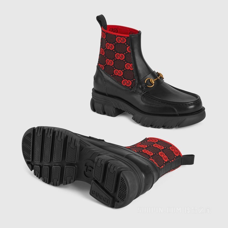 男士马衔扣GG针织短靴 黑色皮革