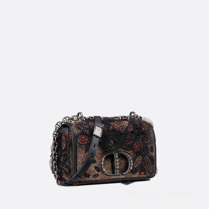 小号 Dior Caro 手袋 黑色牛皮革薄纱和多色珠饰刺绣