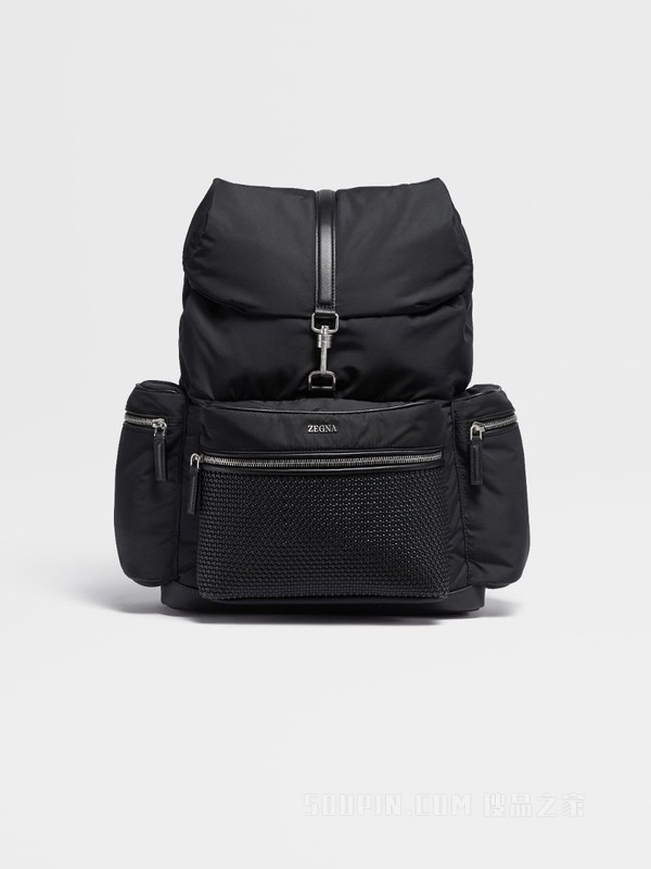 黑色 PELLE TESSUTA™ 配高科技面料双肩背包