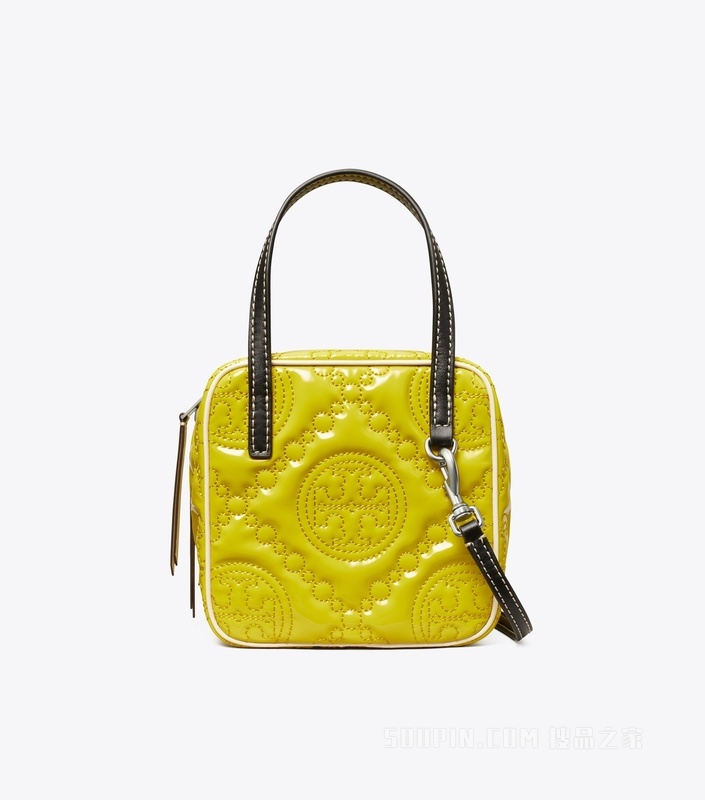 T Monogram 刺绣漆皮方形包 黄绿色